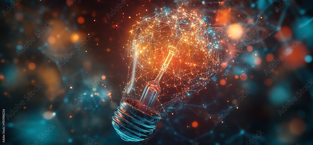 Aufkleber a glowing light bulb filled with interconnected particles and networks.