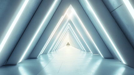 Abstract Architecture in Light and Shadows. A visually captivating architectural design with overlapping triangular shapes, illuminated by diffused white light and dynamic shadows. 