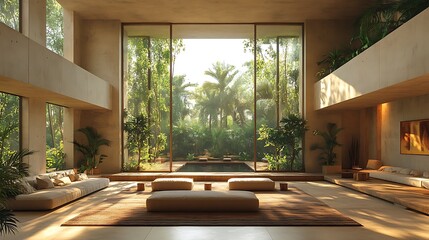 Modern Tropical Living Room. Concept of Minimalist, Zen, and Nature Inspired Interior Design.