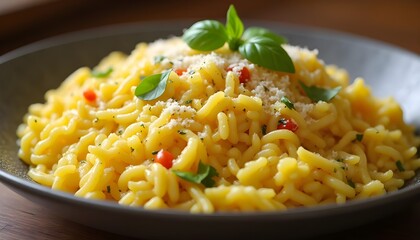 Creamy Saffron Risotto with Vegetables and Parmesan in Deep Bowl