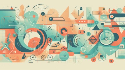 Obraz premium Abstract Geometric Design Featuring Interconnected Shapes and Symbols