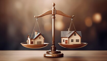 A balance scale holding two model houses, representing the concept of property valuation, real estate, and fairness in housing decisions.