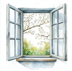 a watercolour drawing of a open window and a ledge inside the window, white background