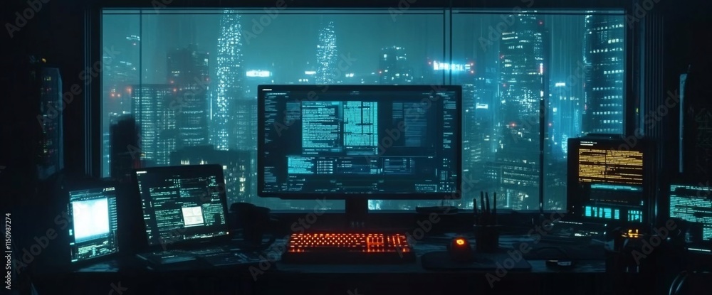 Aufkleber a high-tech workspace featuring multiple monitors and a cityscape view at night.
