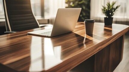 Fototapeta premium Modern Office Desk Laptop Coffee Plant Sunlight