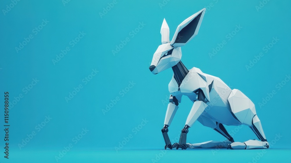 Poster a futuristic low-poly kangaroo robot with a sleek design, standing on a solid blue background, repre
