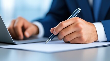 Businessman in suit diligently writing on piece of paper.