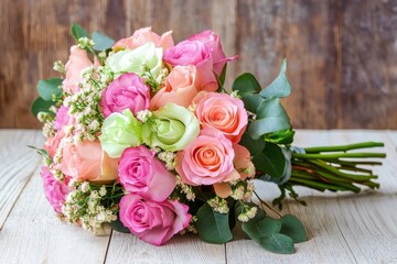 Romantic rose flower bouquet  on wooden background
