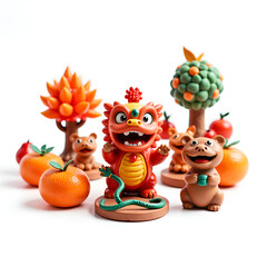 Fototapeta premium Charming dragon and friends a delightful display of festive figurines and bright citrus fruits, photography of still life concept.