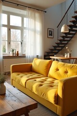 Yellow tufted sofa near rustic coffee table. Scandinavian home interior design of modern two story living room.