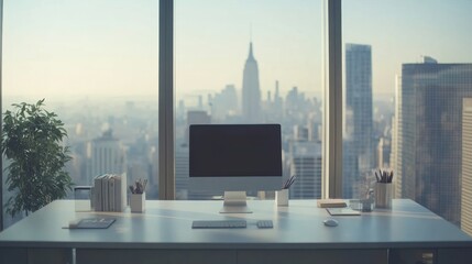 Modern Office Desk Overlooking City Skyline