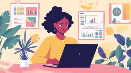 Woman Working on Laptop with Data Charts and Graphs