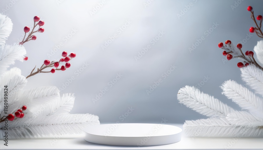 Poster a minimalist winter-themed display featuring a circular platform surrounded by white branches and re