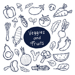 Doodle Vegetables Food and Fruits Hand Drawn
