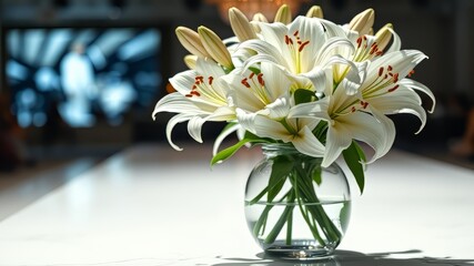 Beautiful White Lilies in Vase, Tabletop Still Life, High-Quality AI Photo, Bright Lighting,  Elegant