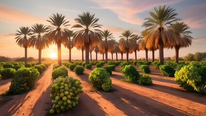 Fototapeta premium Sunset Over the Date Orchard: A Peaceful View of Palms and Ripe Dates in Warm Light