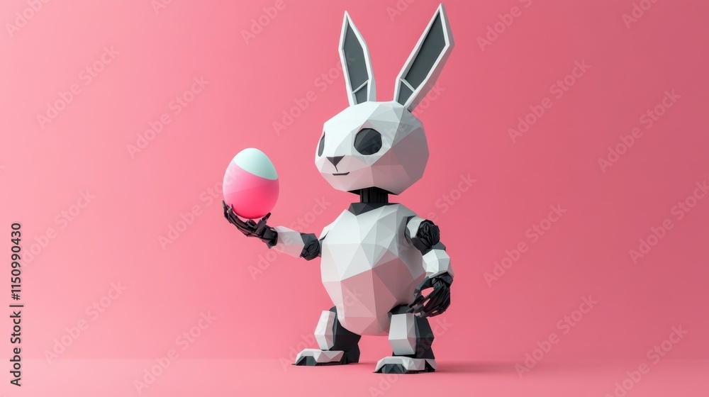 Poster a low-poly robot rabbit character holding a single bright easter egg, creating a fun juxtaposition o