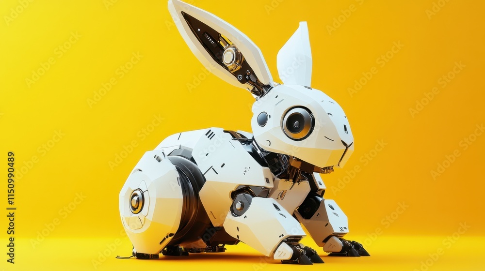 Poster a low-poly robot rabbit with angular features, showcasing a playful yet modern design, contrasted ag