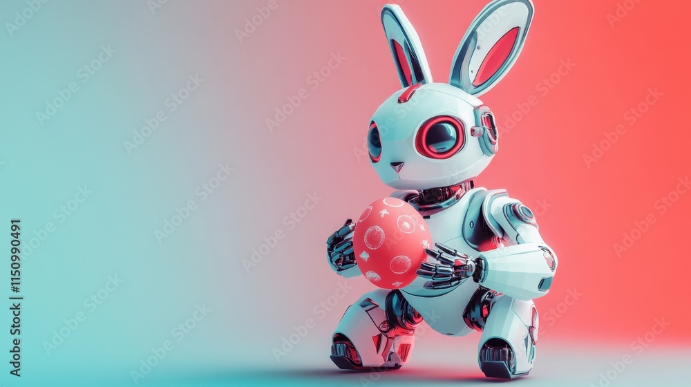 Poster a low-poly robot rabbit character holding a single bright easter egg, creating a fun juxtaposition o