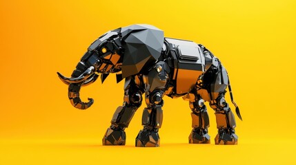 A low-poly robot elephant with a sleek, metallic design, standing on a solid orange background, showcasing modern robotic elegance.