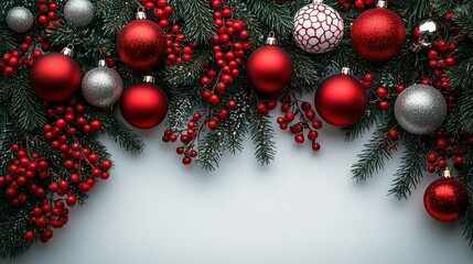 Festive Christmas border of ornaments berries and pine