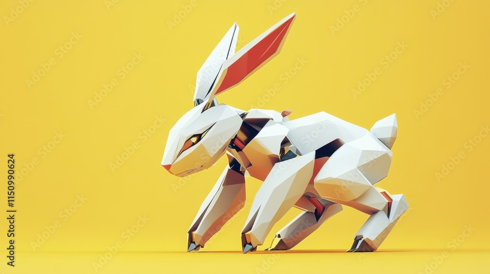 Poster a low-poly robot rabbit with angular features, showcasing a playful yet modern design, contrasted ag