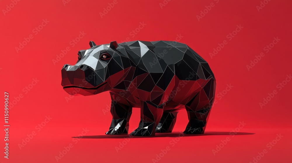 Poster a low-poly style hippo robot, featuring angular metallic design, against a bright red background, cr