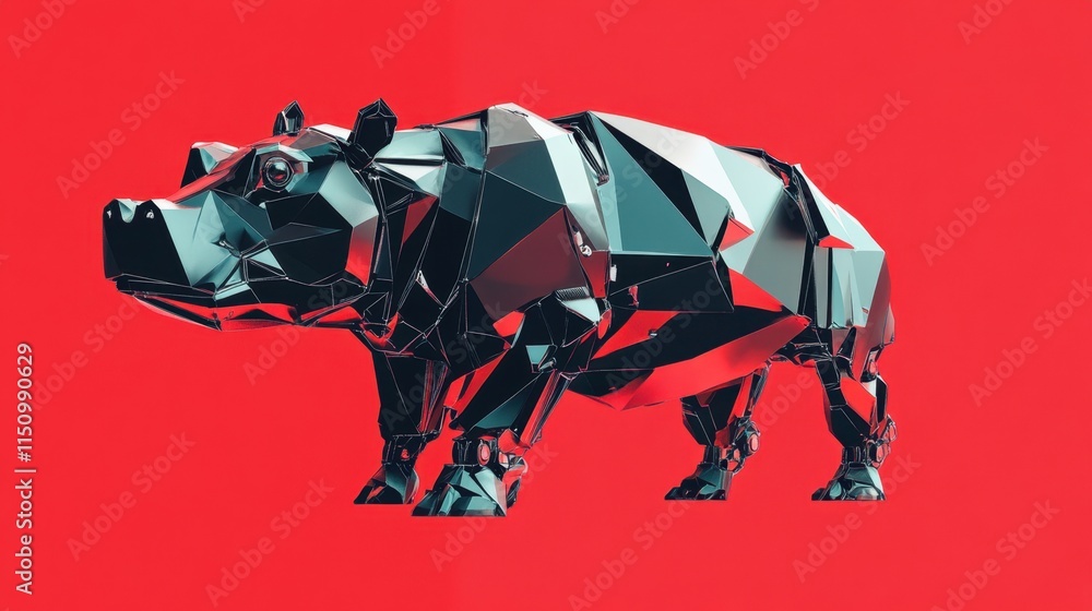 Poster a low-poly style hippo robot, featuring angular metallic design, against a bright red background, cr