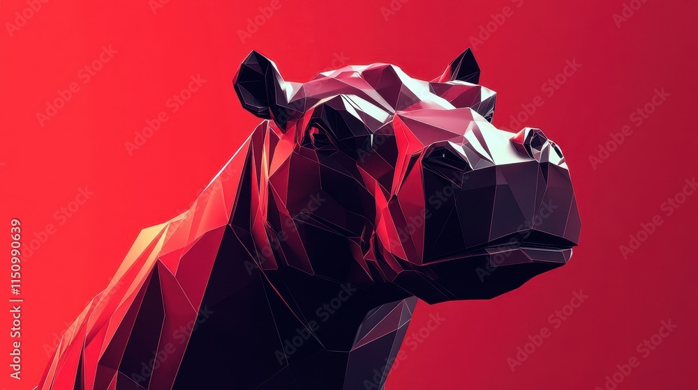Poster a low-poly style hippo robot, featuring angular metallic design, against a bright red background, cr