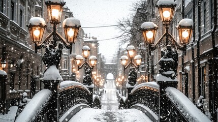 Snowfall on a Romantic Bridge in a European City at Night