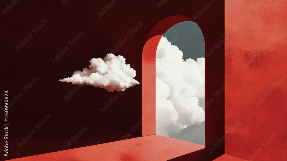 Poster a minimal abstract scene with a dark red background, featuring white clouds emerging from a tunnel, 