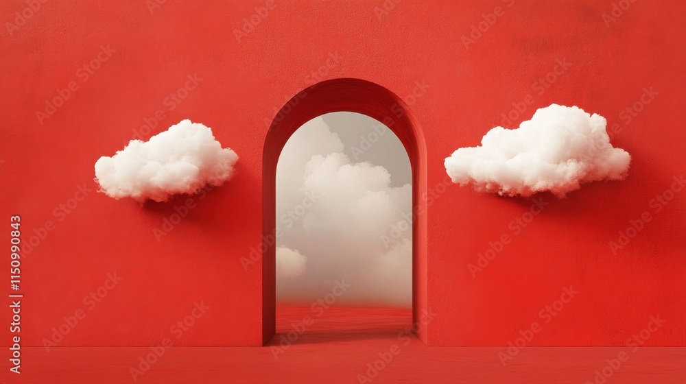 Poster a minimal abstract scene with a dark red background, featuring white clouds emerging from a tunnel, 