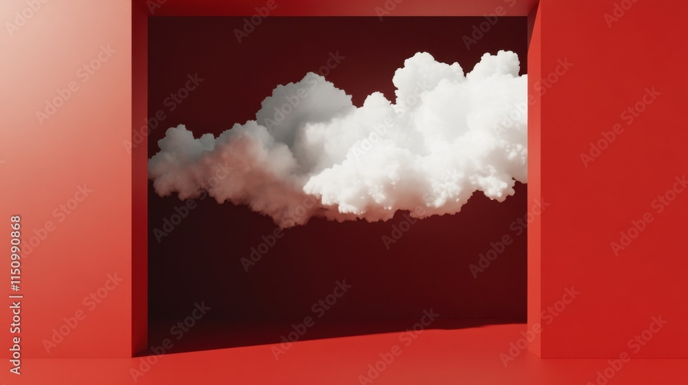 Poster a minimal abstract scene with a dark red background, featuring white clouds emerging from a tunnel, 