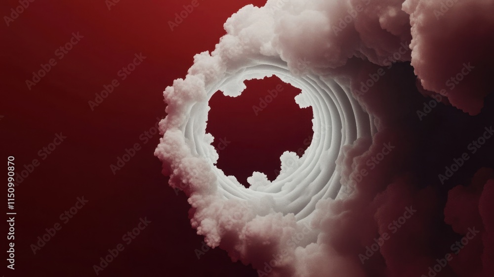 Poster a minimal abstract scene with a dark red background, featuring white clouds emerging from a tunnel, 