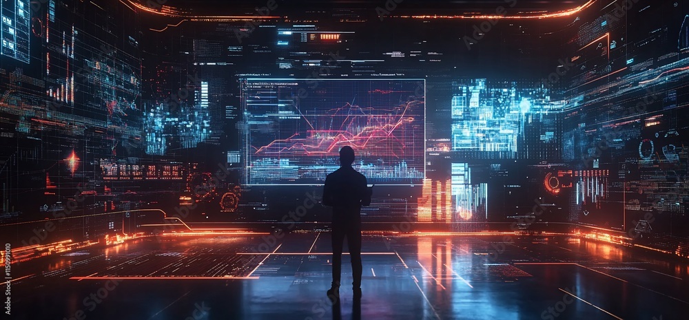 Poster a person analyzes data on a futuristic digital interface with graphs and visuals.