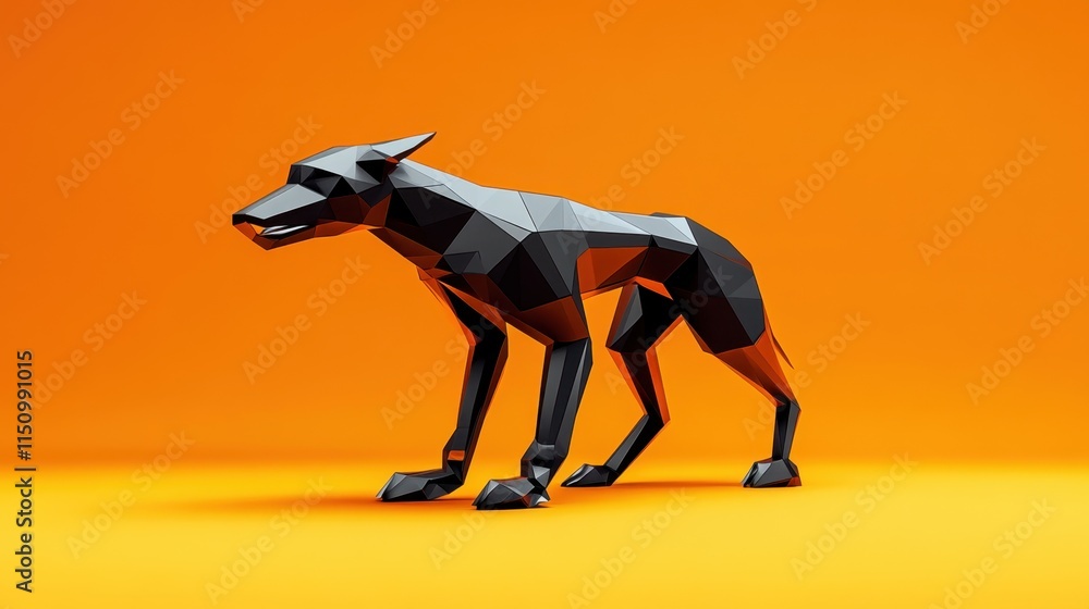 Poster a minimalist low-poly robot dog in front of a solid orange background, highlighting its sharp, angul
