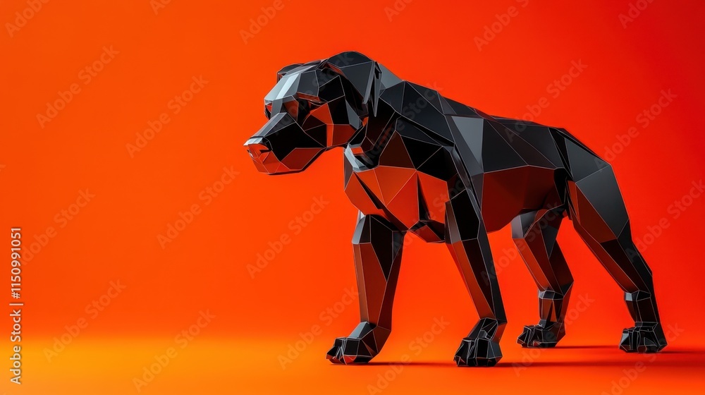 Poster a minimalist low-poly robot dog in front of a solid orange background, highlighting its sharp, angul