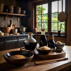 "Authentic Asian Kitchen: Soy Sauce, Fresh Ingredients, and Traditional Utensils"