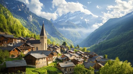 Fototapeta premium Alpine Village nestled in the French Alps, a picturesque scene of charming houses, a church steeple, and majestic mountains under a sunny sky.