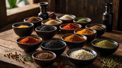 "Aromatic Soy Sauce Collection with Spices and Herbs on a Rustic Wooden Surface"