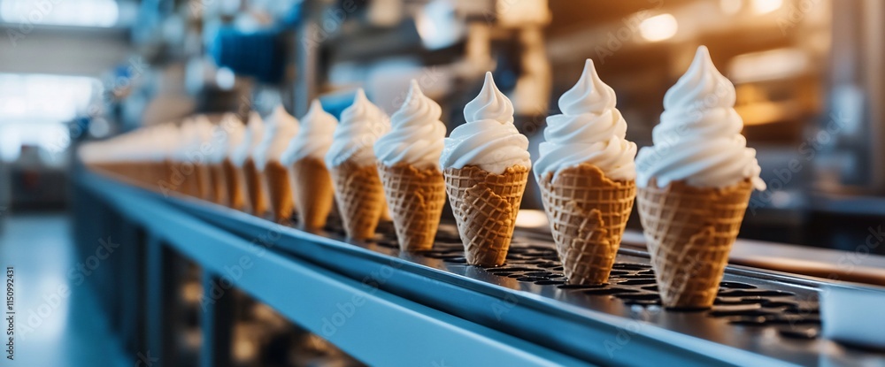 Poster a production line of ice cream cones with soft-serve toppings.