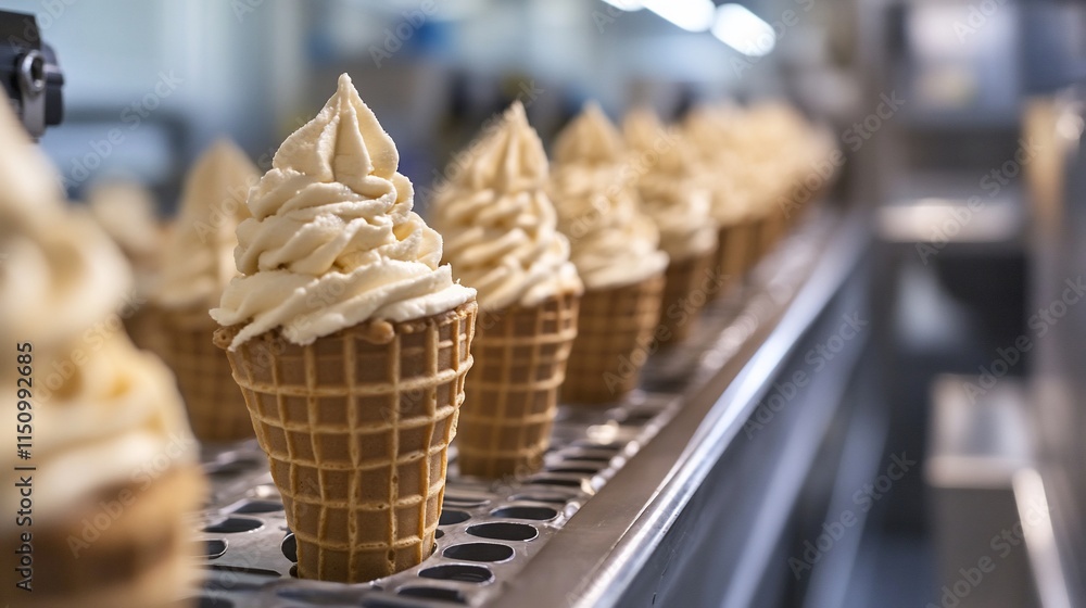 Poster a row of ice cream cones filled with creamy soft serve in a production setting.