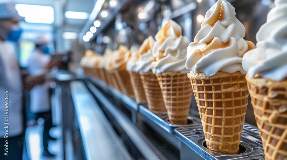 Poster a row of soft-serve ice cream cones ready for serving in a shop.