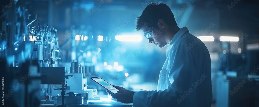 Poster a scientist in a lab, analyzing data on a tablet amidst laboratory equipment.