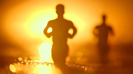 Fototapeta premium Strategic Focus on Risk-Taking Runners Embrace Sunset Challenge at Beach Inspiring Determination
