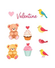 Fototapeta premium A pastel-themed Valentine icon set with teddy bears, cupcakes, and lovebirds.
