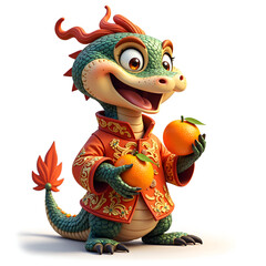 Fototapeta premium Cheerful dragon character holding oranges in decorative outfit with playful expression, 3d rendering of character design concept.
