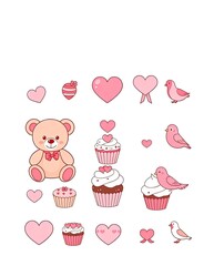 A pastel-themed Valentine icon set with teddy bears, cupcakes, and lovebirds.