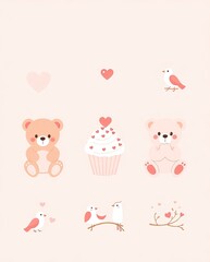 A pastel-themed Valentine icon set with teddy bears, cupcakes, and lovebirds.