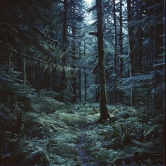 serene forest path leads through mist-covered trees in a tranquil woodland setting, road in the forest, trees, fog, dark lighting, artistic photo, Misty Fir Forest.
